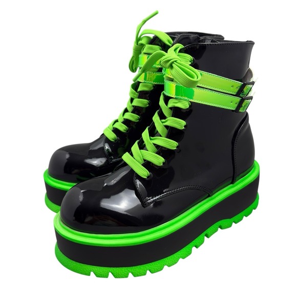 Demonia Slacker 52 Platform Combat Boots Womens Size 9 Black Neon Green Patent - Picture 4 of 9